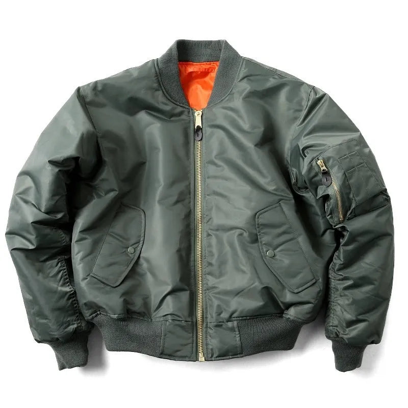 Men's loose-fit army green cotton-padded pilot jacket with double-sided nylon construction