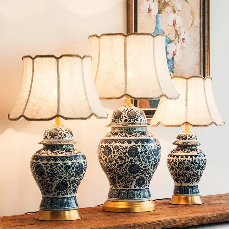 Blue and white Chinese porcelain table lamp with ceramic construction and copper fittings