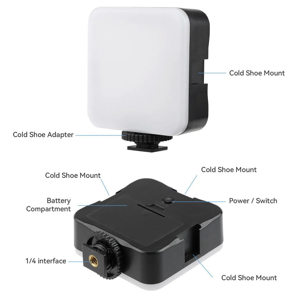 LED mini square pocket light tripod with top flash and universal camera mount
