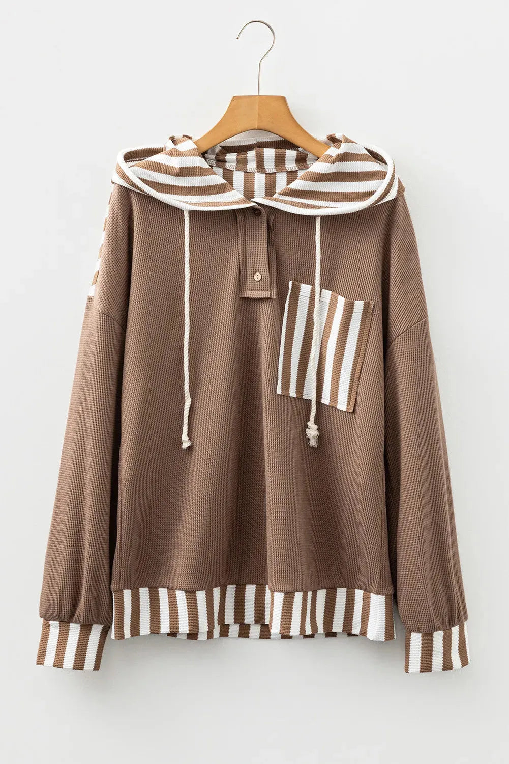 Straw yellow striped patchwork hoodie with waffle texture, button neck, and drawstring hood