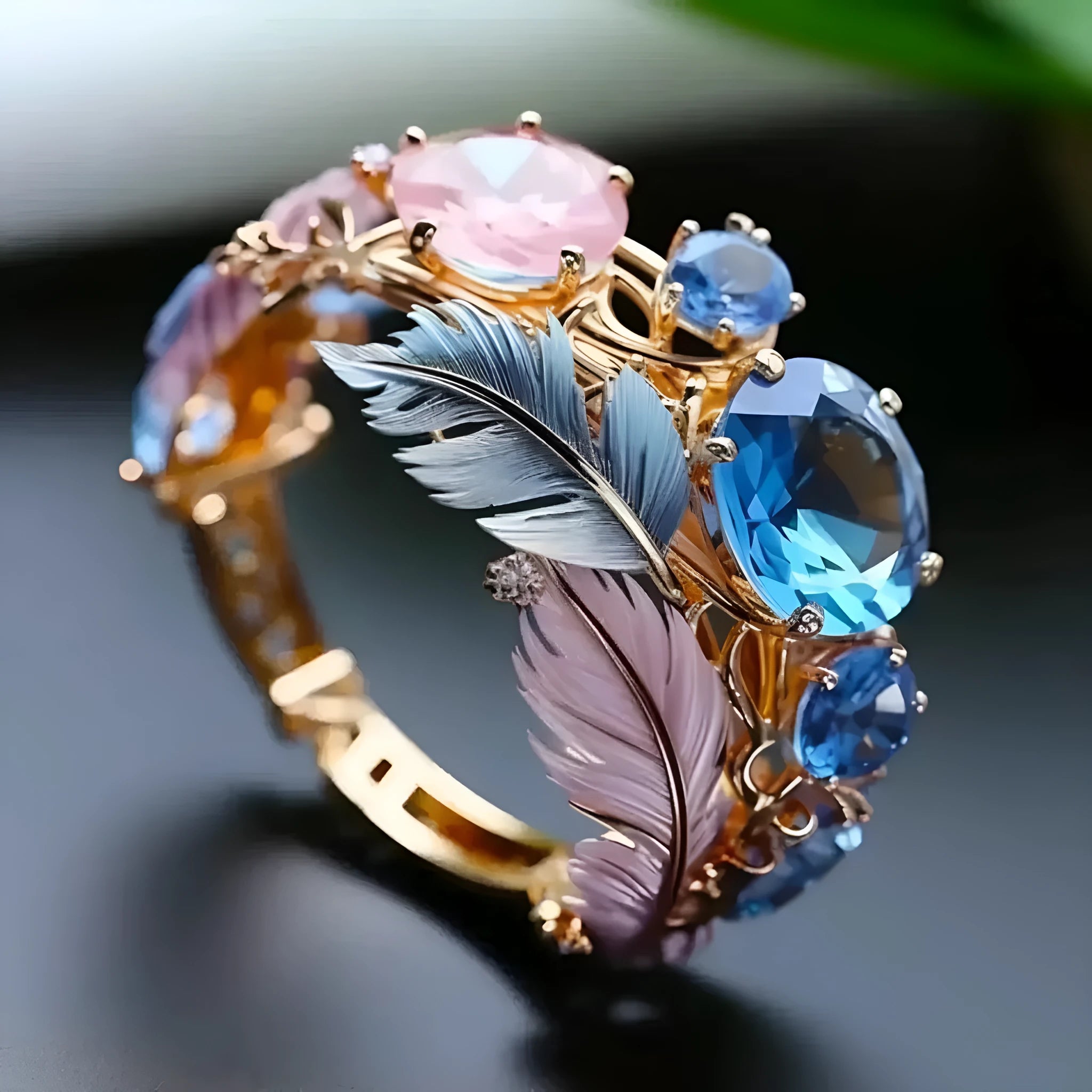 Gold coloured brass ring with an embossed geometric feather design and small zircon inlays.
