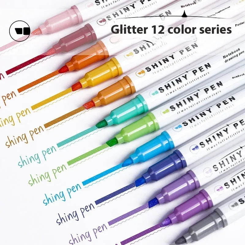 Four glitter highlighter pens with slanted 4mm tips in assorted fluorescent colours