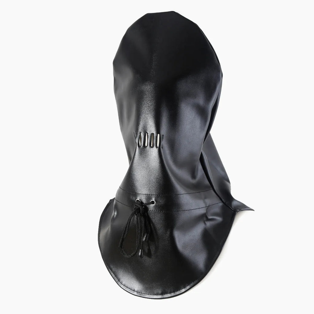 Black leather headgear mask with adjustable straps for adult training and roleplay