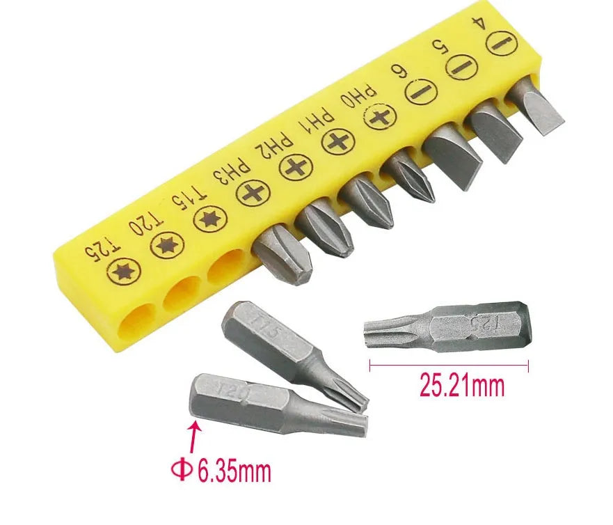 L-shaped double-headed socket wrench with ten drill bits on a white background