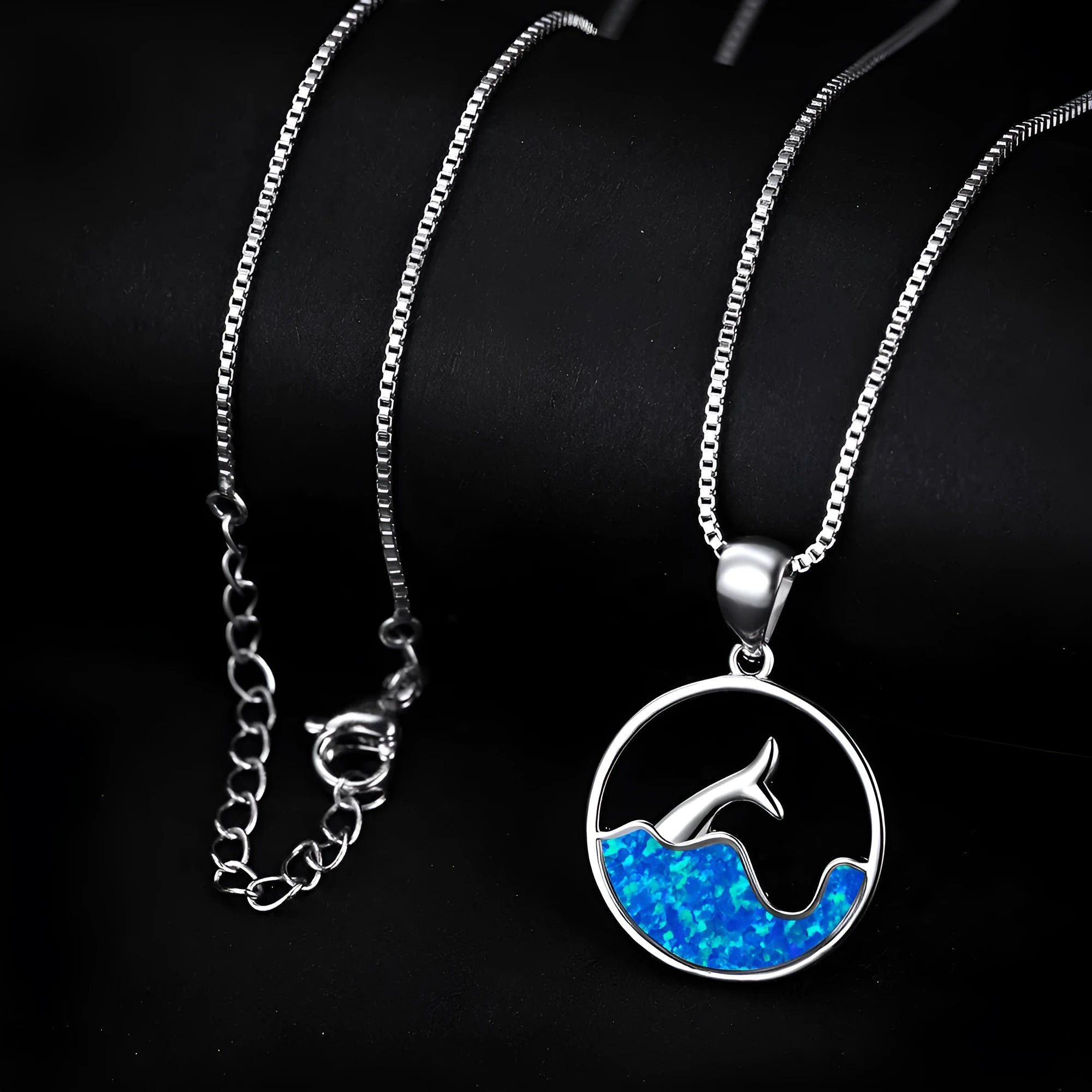 Geometric sea fishtail pendant necklace with round opal elements in electroplated white gold colour