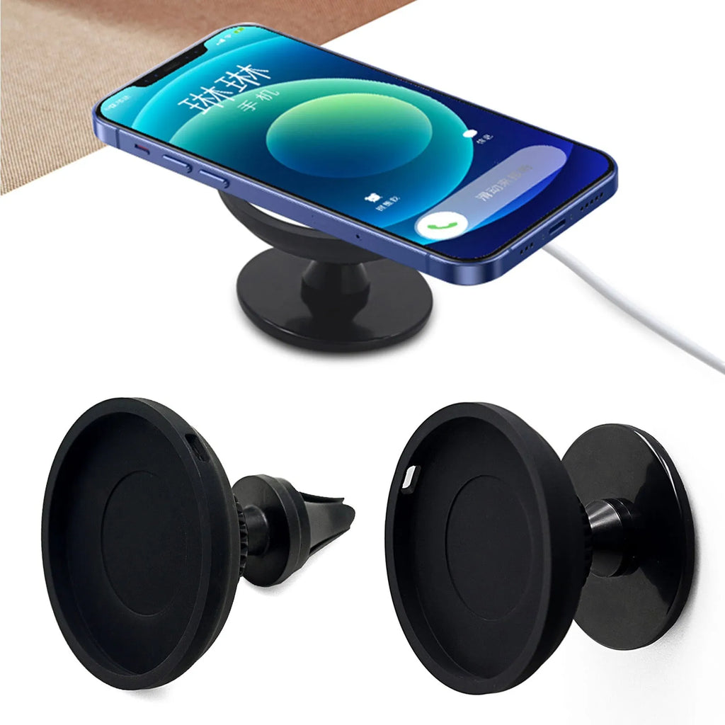 Black car magnetic phone holder mounted on car air vent with phone attached