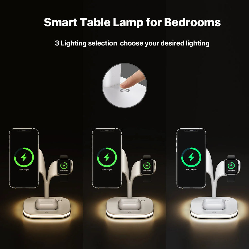Black 3-in-1 desktop wireless charging stand showing phone, watch, and headphones charging simultaneously.