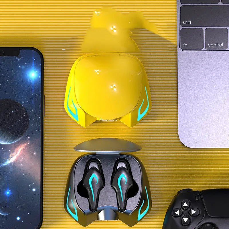 Wireless Bluetooth 5.0 gaming earbuds with battery display in black grey and yellow colours