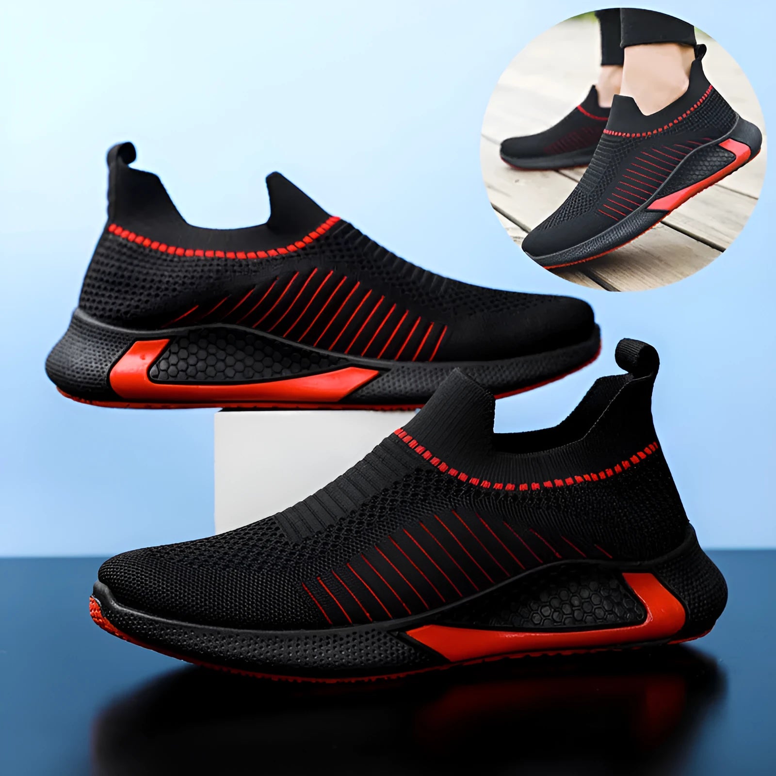 Men's striped mesh sock shoes with lace-up front and round toe design