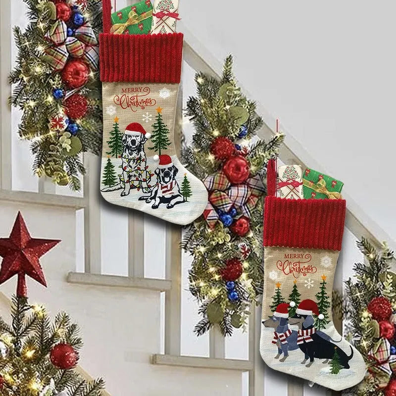 Cloth Christmas gift bag pendant hanging from fireplace measuring 46x28cm in holiday decor setting