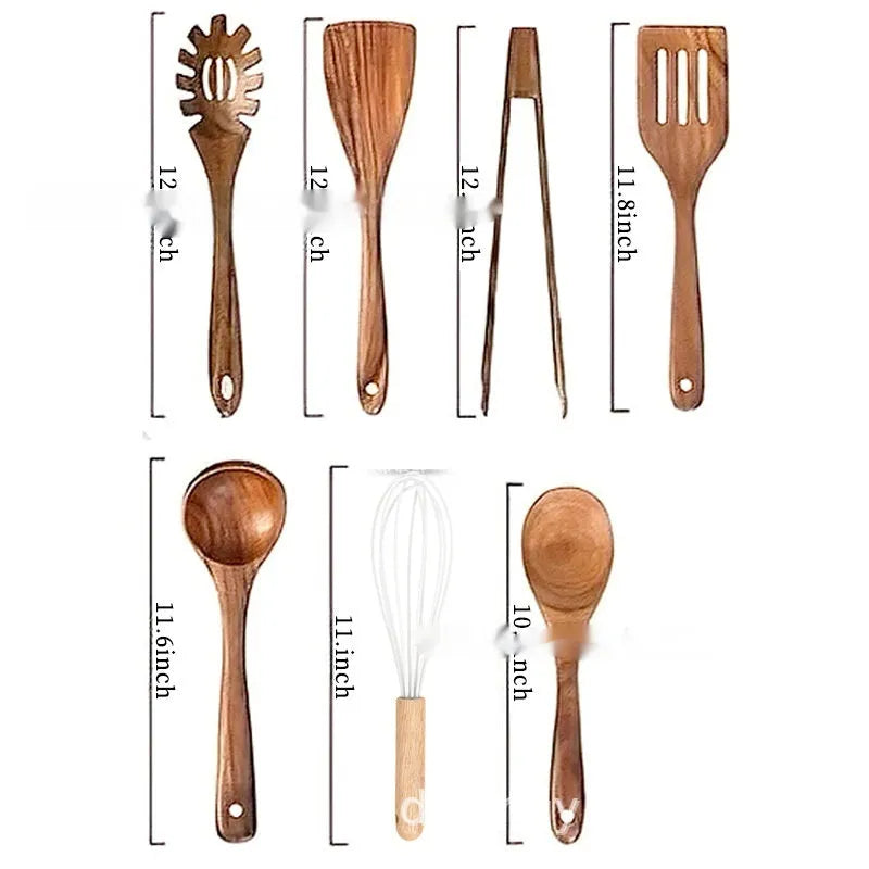 7-piece wooden kitchen utensil set with spoons, spatulas, and soup spoons