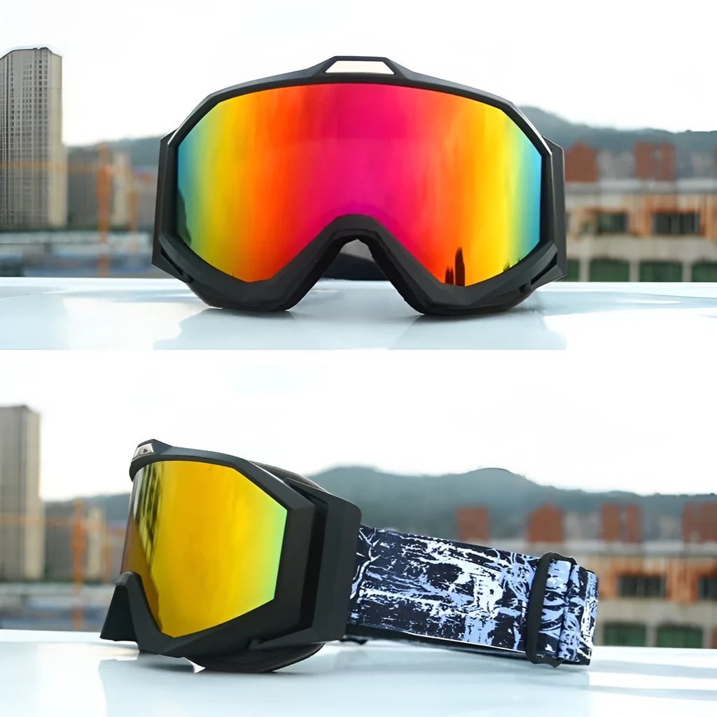 Motorcycle goggles with double-layer anti-fog lenses in a black frame with gray film, shown with its storage cloth bag.