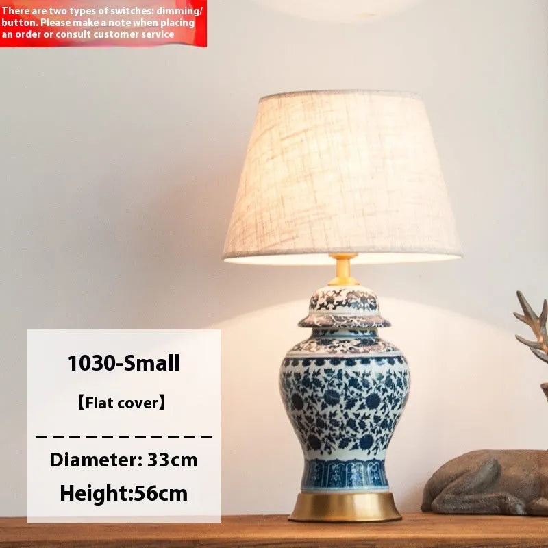 Blue and white Chinese porcelain table lamp with ceramic construction and copper fittings
