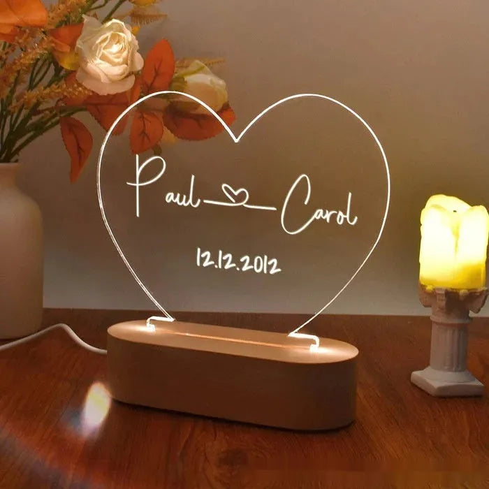 Custom acrylic LED night light with engraved names and date, 20cm by 11.5cm transparent modern art decor