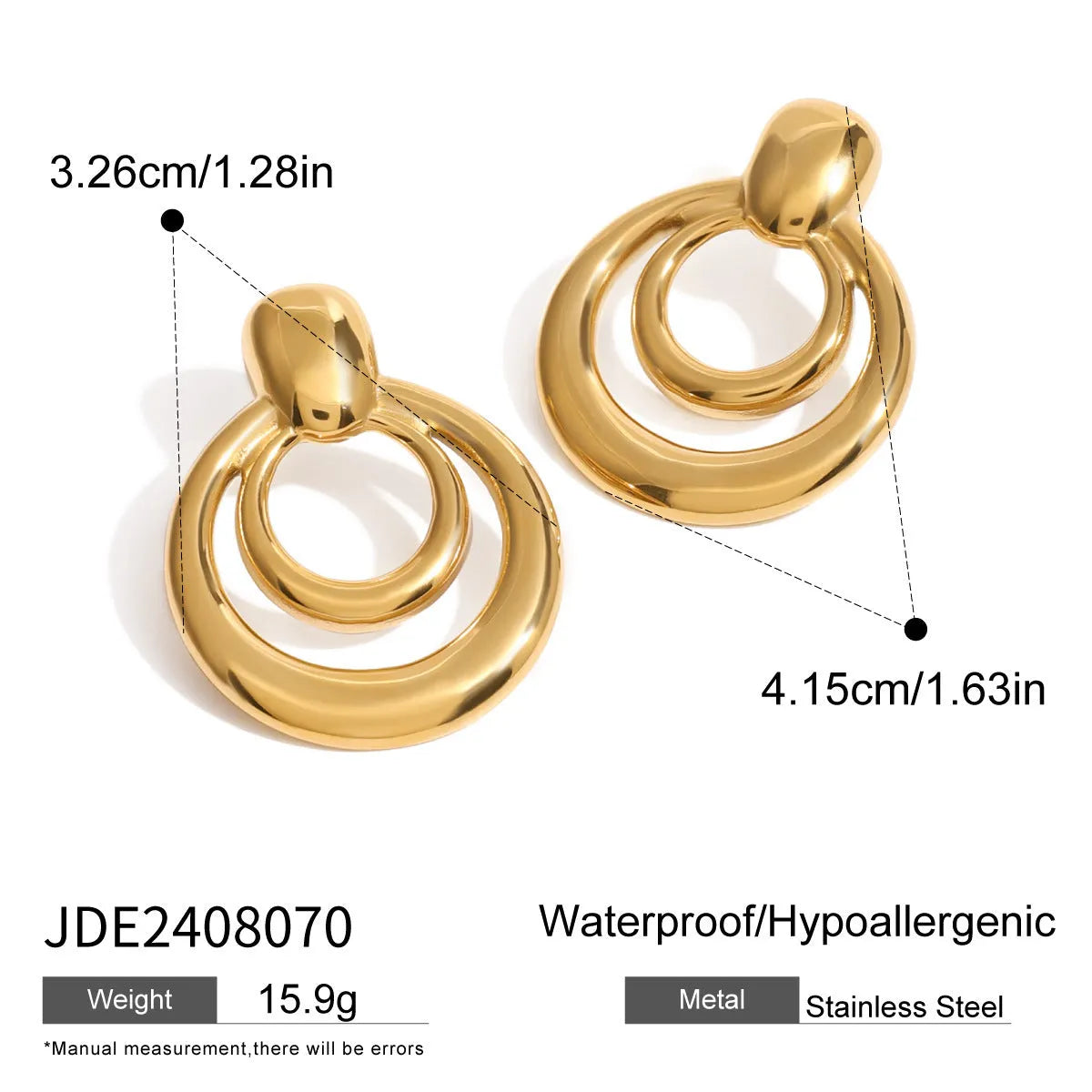 Golden round double layer hollow stud earrings with geometric design