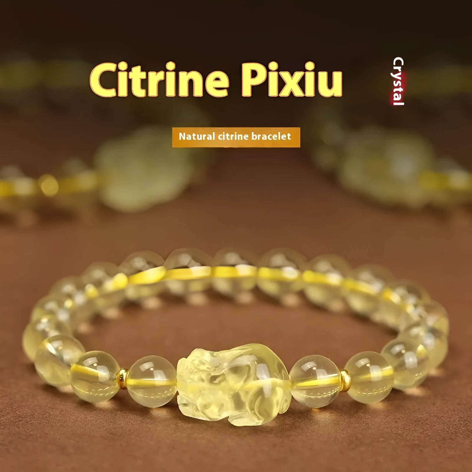 Yellow leather adjustable bracelet with artificial citrine beads and a Pi Xiu charm.