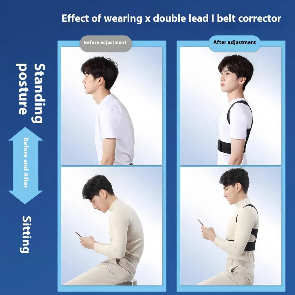 Hollow O men's beige and black posture correction belt for hunchback support, shown with sizing options.