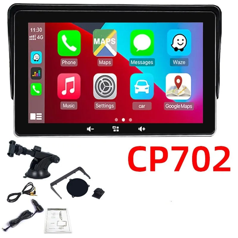 7-inch wireless CarPlay car display with suction cup mount on a dashboard