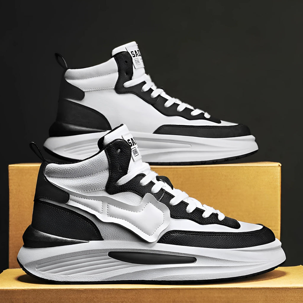 Men's black and white high-top board shoes with round toe and platform sole.