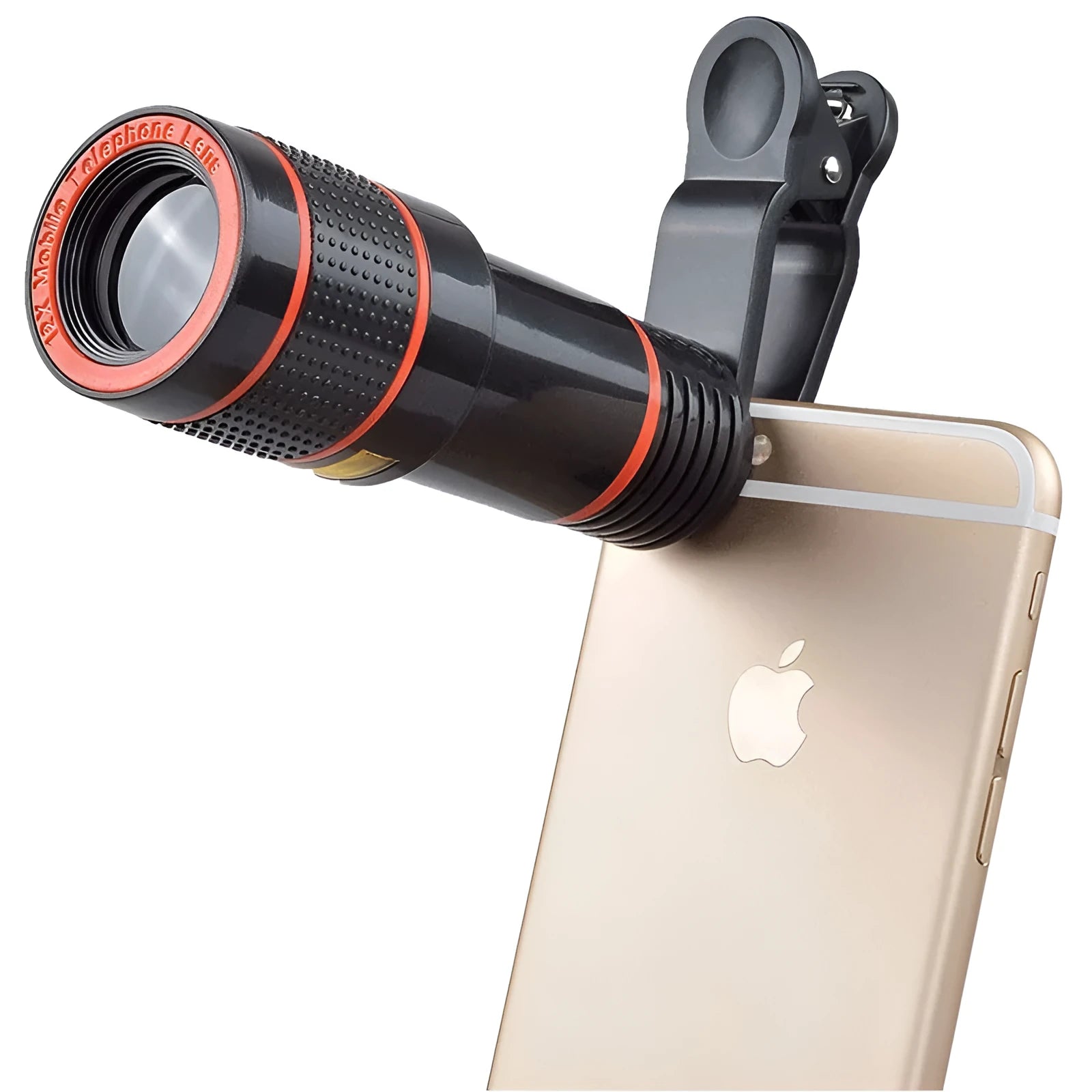 12X magnification phone telescope lens with adjustable clip attached to smartphone