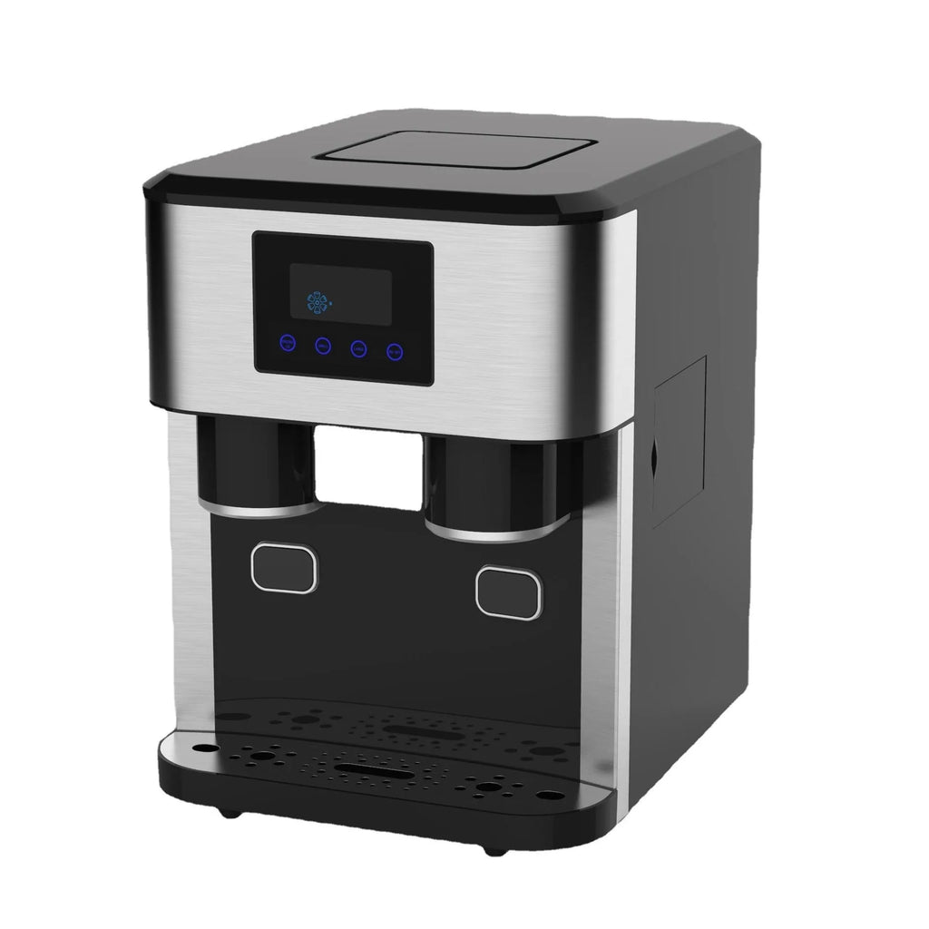 Black desktop ice maker with stainless steel trim showing ice production and water dispensing functions