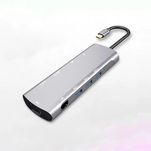 Grey aluminium alloy USBC docking station with HDMI, VGA, and USB ports
