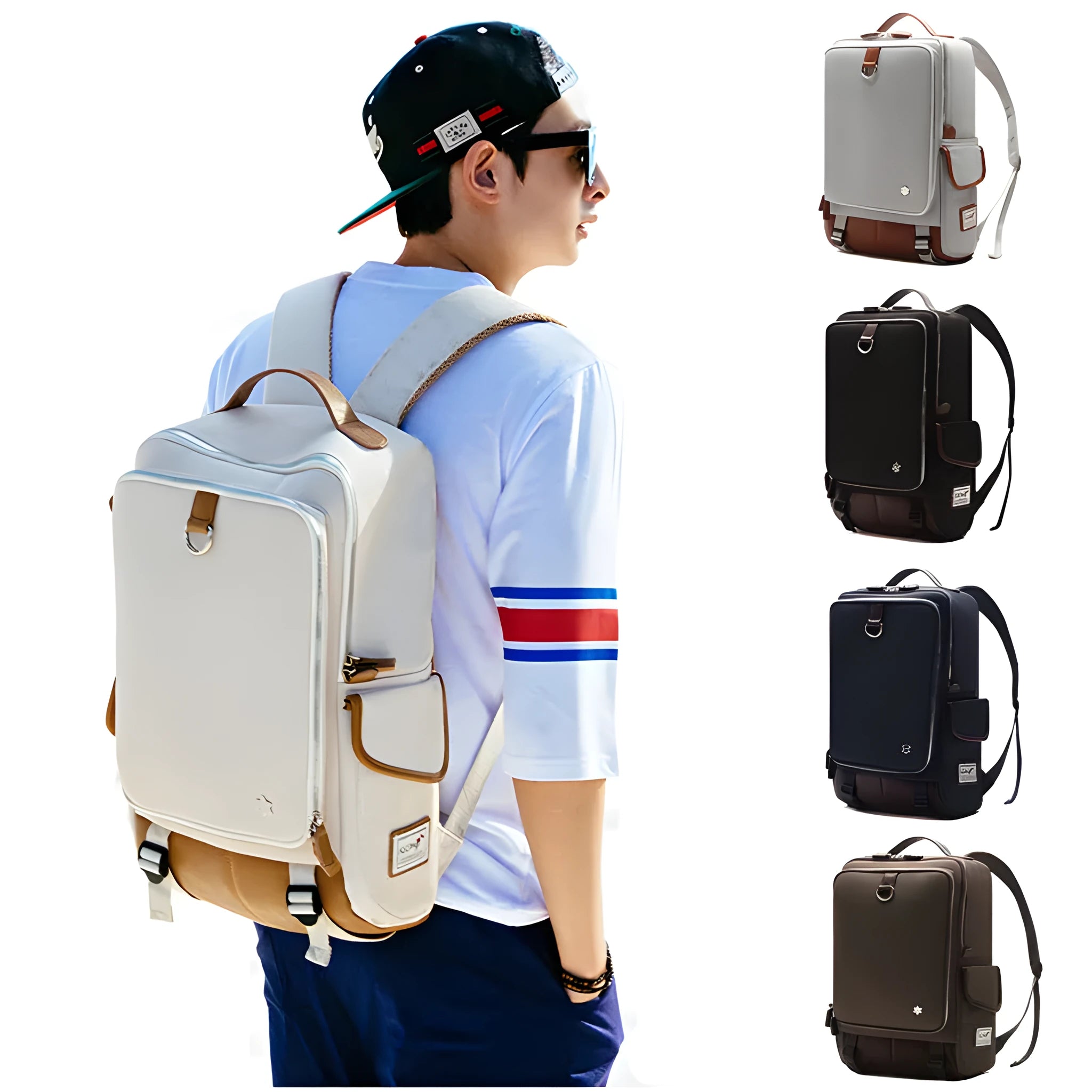 Korean style men's Oxford cloth backpack in seven colour options showing 30x16x46cm dimensions