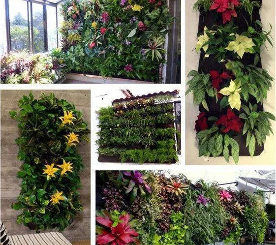 Green recycled felt vertical wall planter with multiple pockets hung on an outdoor fence.