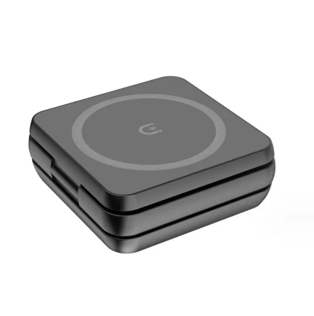 Three-in-one desktop wireless charging bracket with folding design showing Apple, Samsung and Google Pixel charging areas