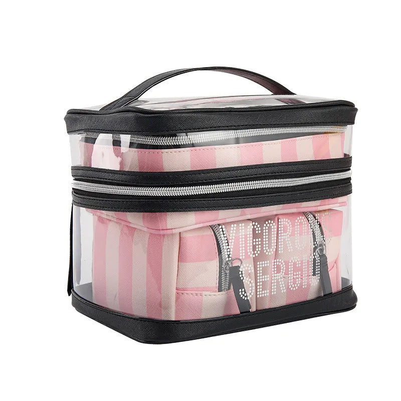 Pink bold stripes floral pattern folding makeup bag kit with synthetic leather waterproof case