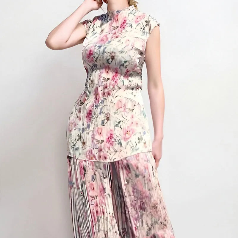 Long sleeve floral print chiffon top and high-waist skirt two-piece dress set on a hanger