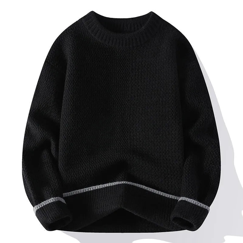 Grey men's loose fit round neck long sleeve pullover sweater for casual autumn wear.