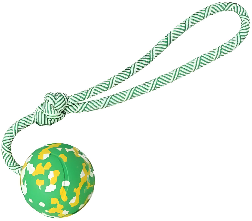 Dog rope ball toy with natural rubber ball and nylon rope in two sizes