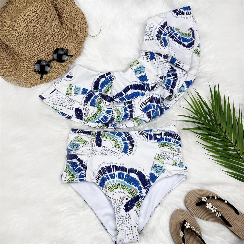 White women's one-shoulder swimsuit with lotus leaf design and double-layer construction
