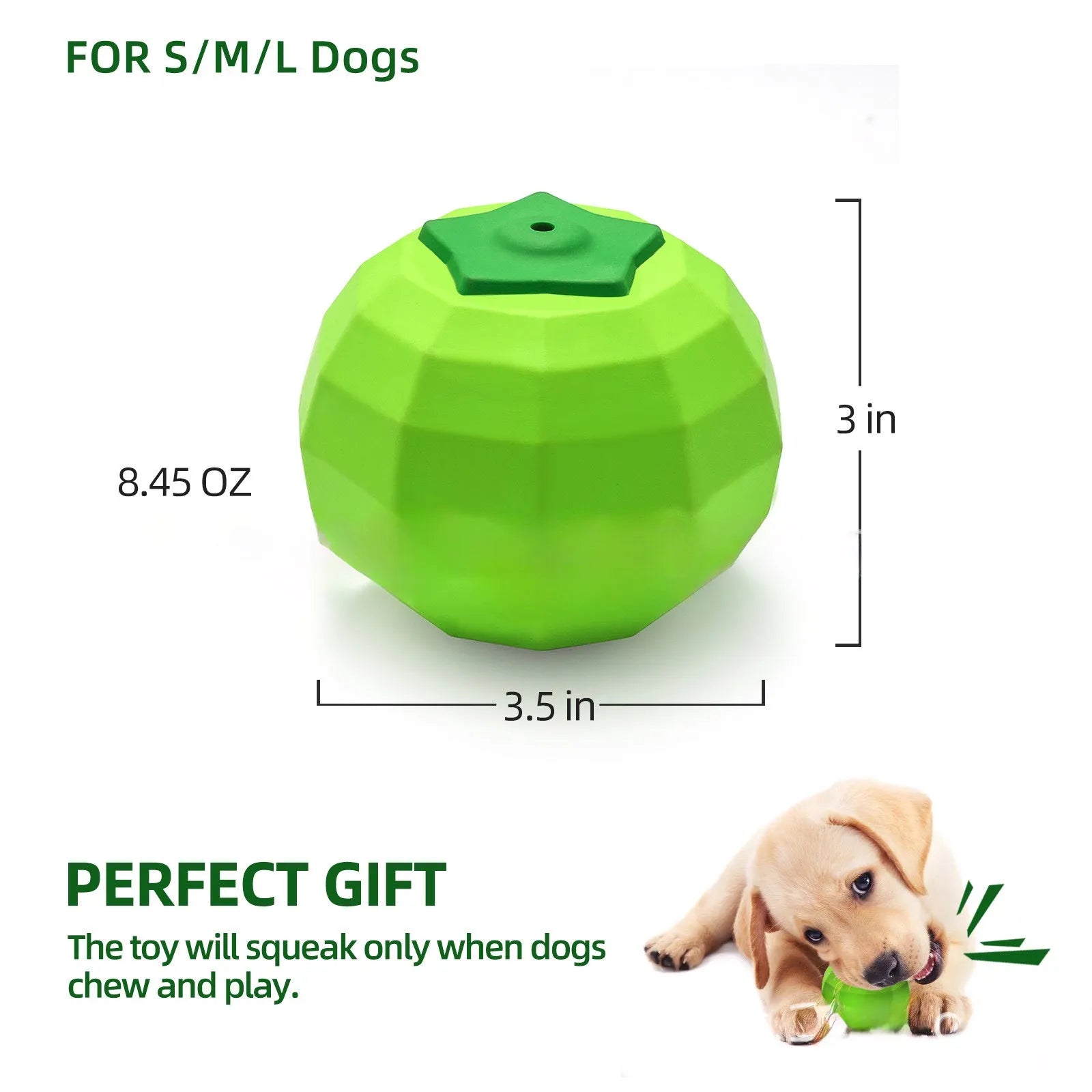 Green natural rubber dog chew ball with squeaker for large breed aggressive chewers.