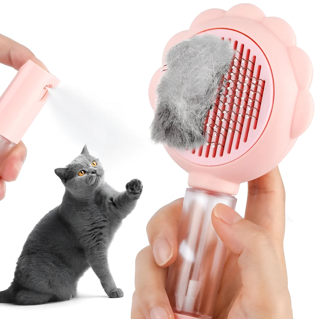 Grey spray cat brush with release button and stainless steel bristles for pet grooming