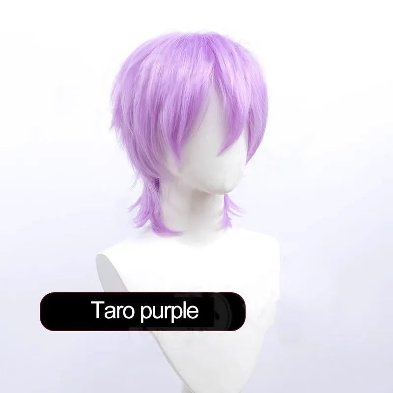 Short black and red anime cosplay wig for men with a lengthened hair tail.