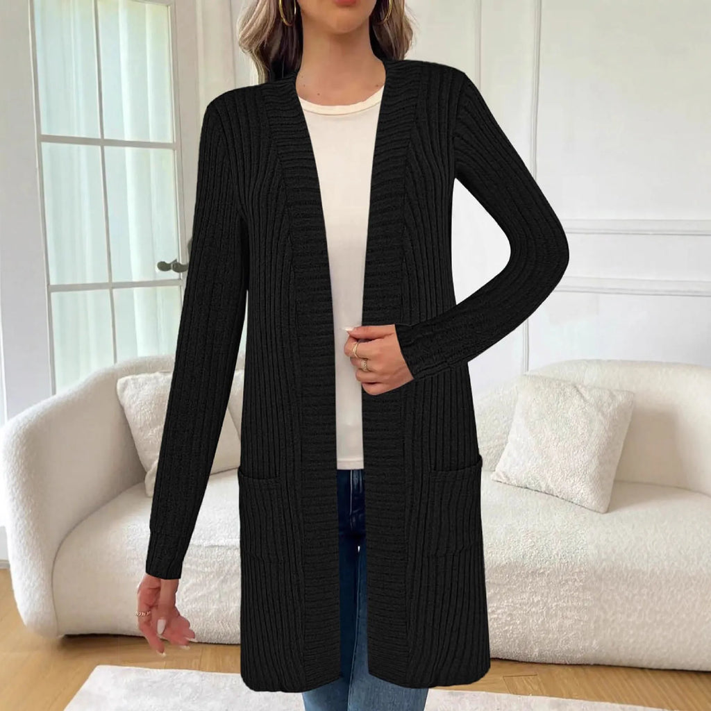Long sleeve loose fit knitted cardigan jacket for women in black, wine red or grey plus sizes