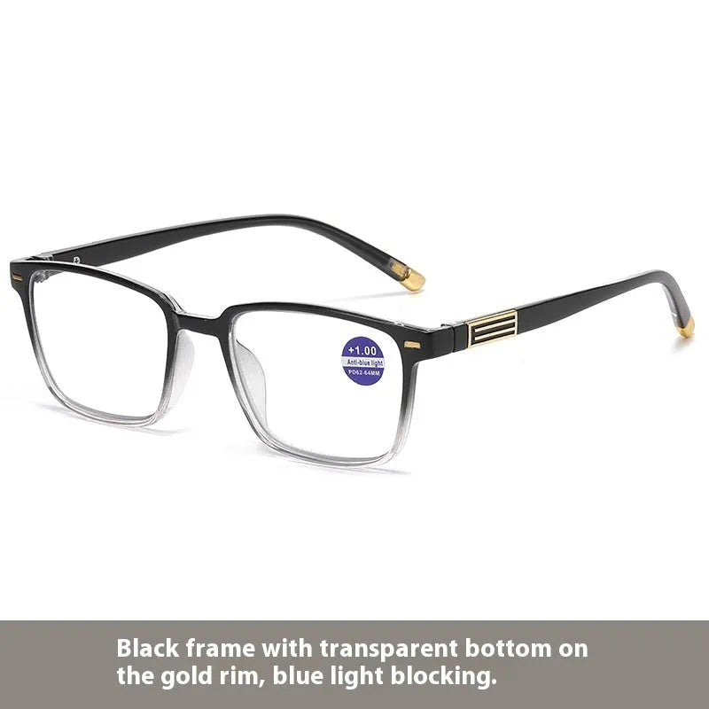 Anti blue light multifocal reading glasses with colour-changing grey PC lenses in a black and silver frame style.