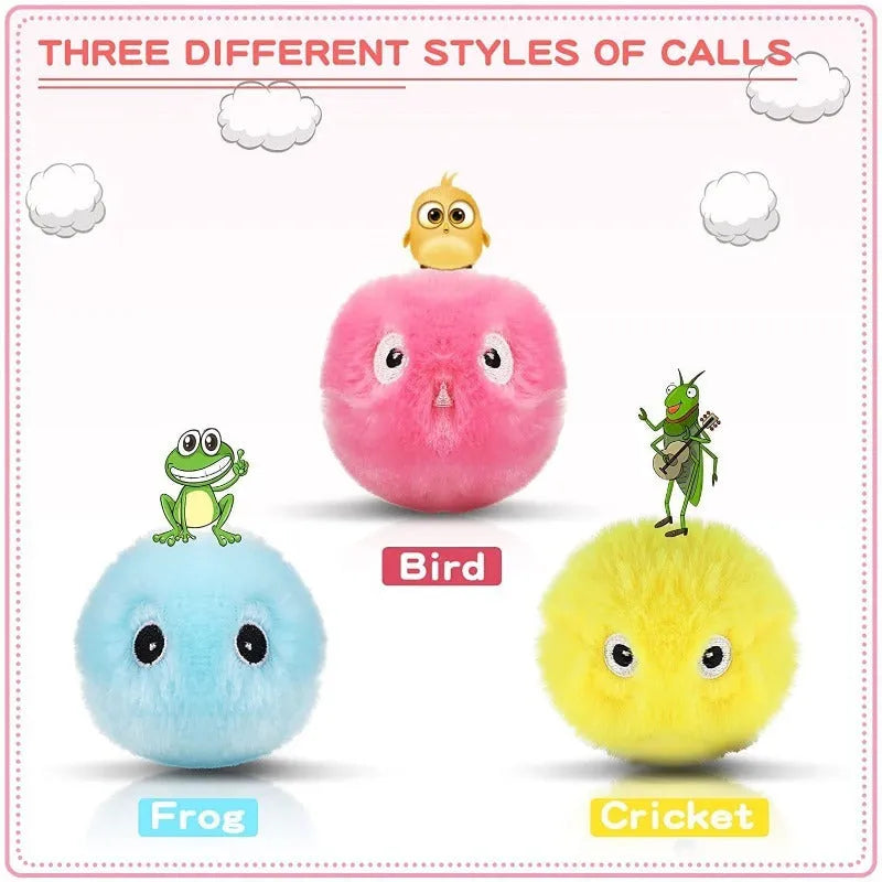 Interactive cat toy ball in blue, pink or yellow colours with 55mm diameter for touch-activated animal sounds