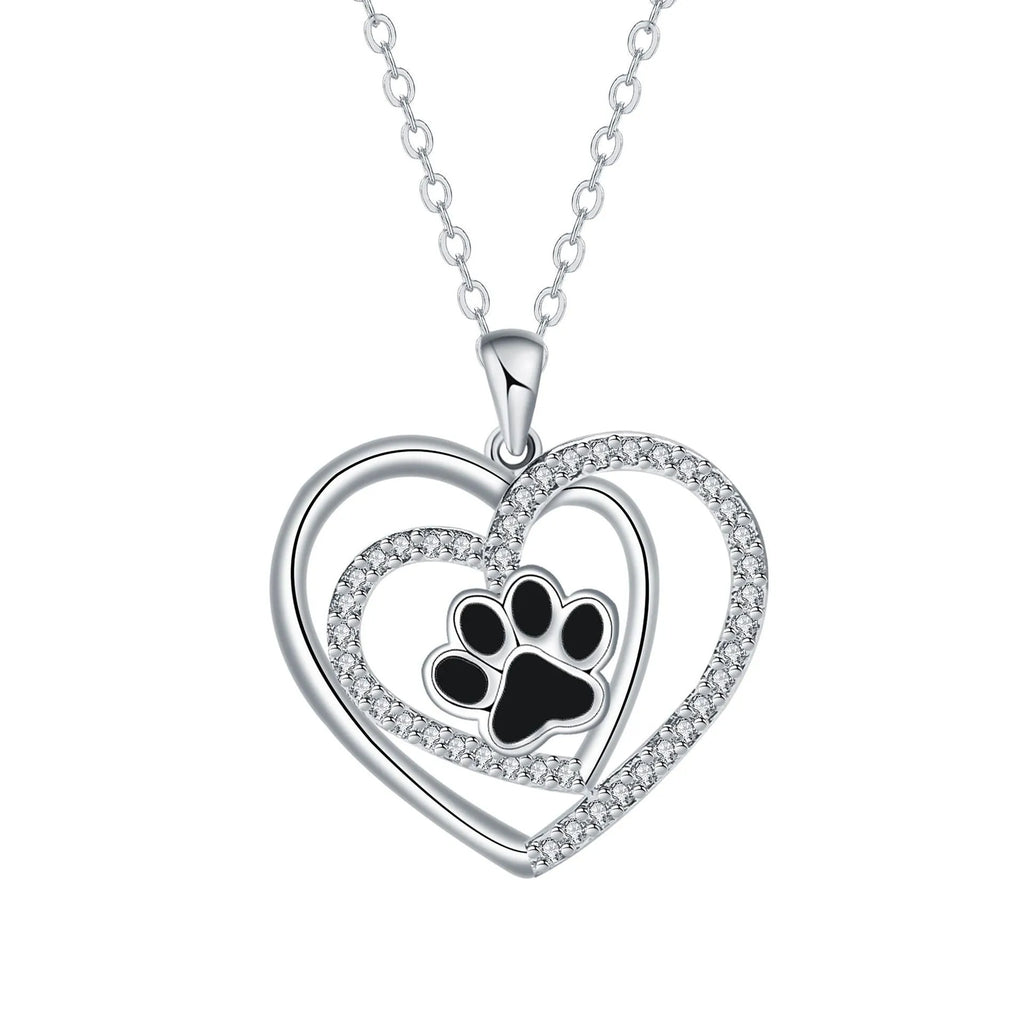 Women's dog paw necklace with heart pendant on cross chain, electroplated copper construction