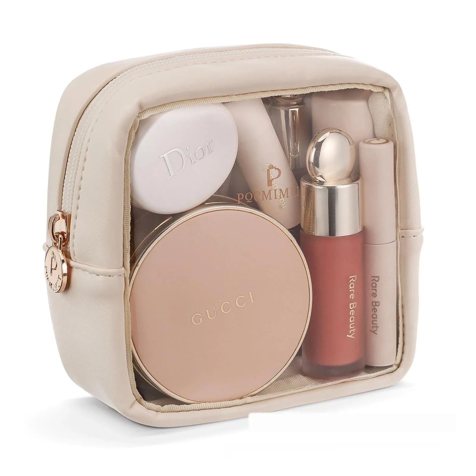 Transparent PVC cosmetic bag with waterproof lining showing dry wet separation compartments