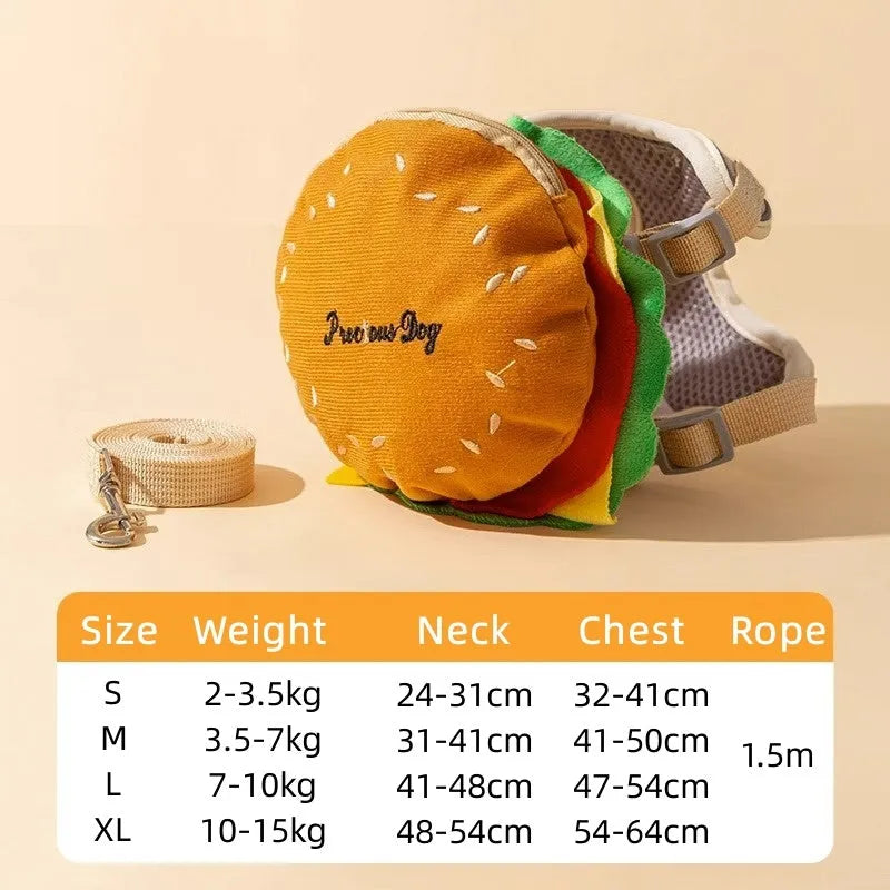 Cartoon hamburger print adjustable vest leash harness for a dog, connected to a walking rope.