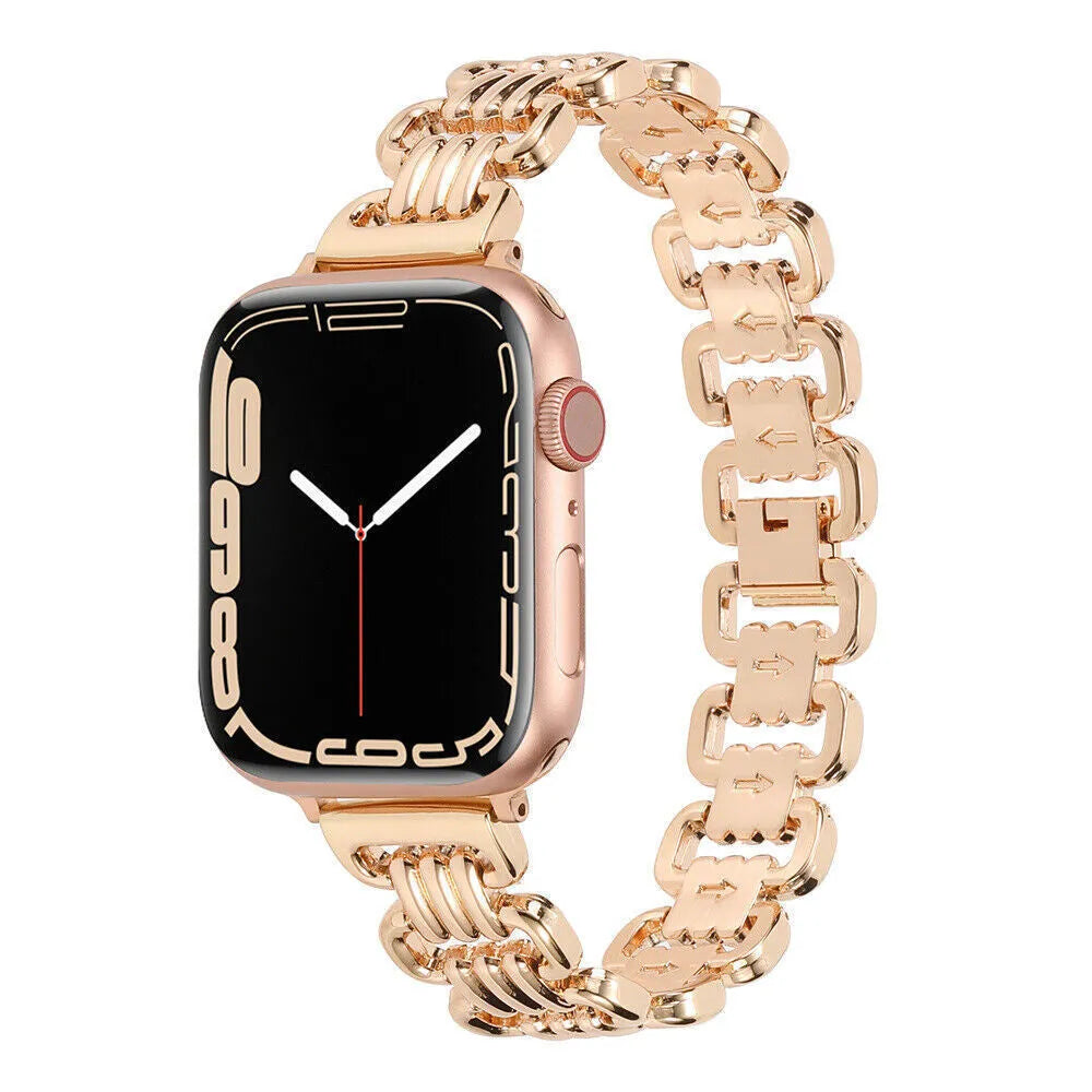 Alloy metal Apple Watch replacement bracelet in silver, black, gold, rose gold, and Starlight colours.