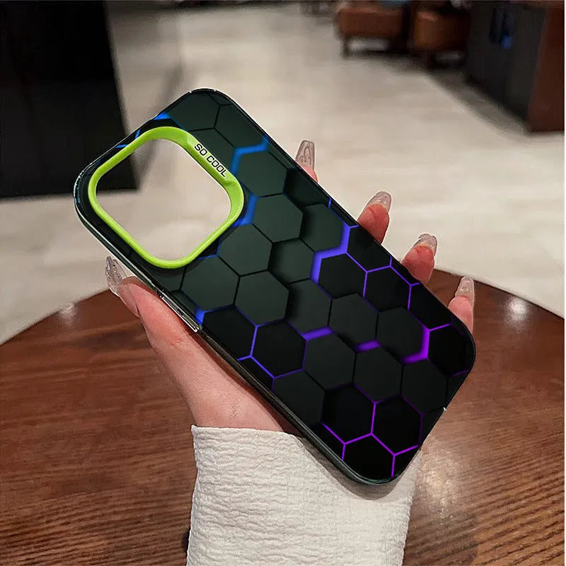 Frosted protective iPhone case with honeycomb square pattern in Moonlight Black, shown fitted on a phone.