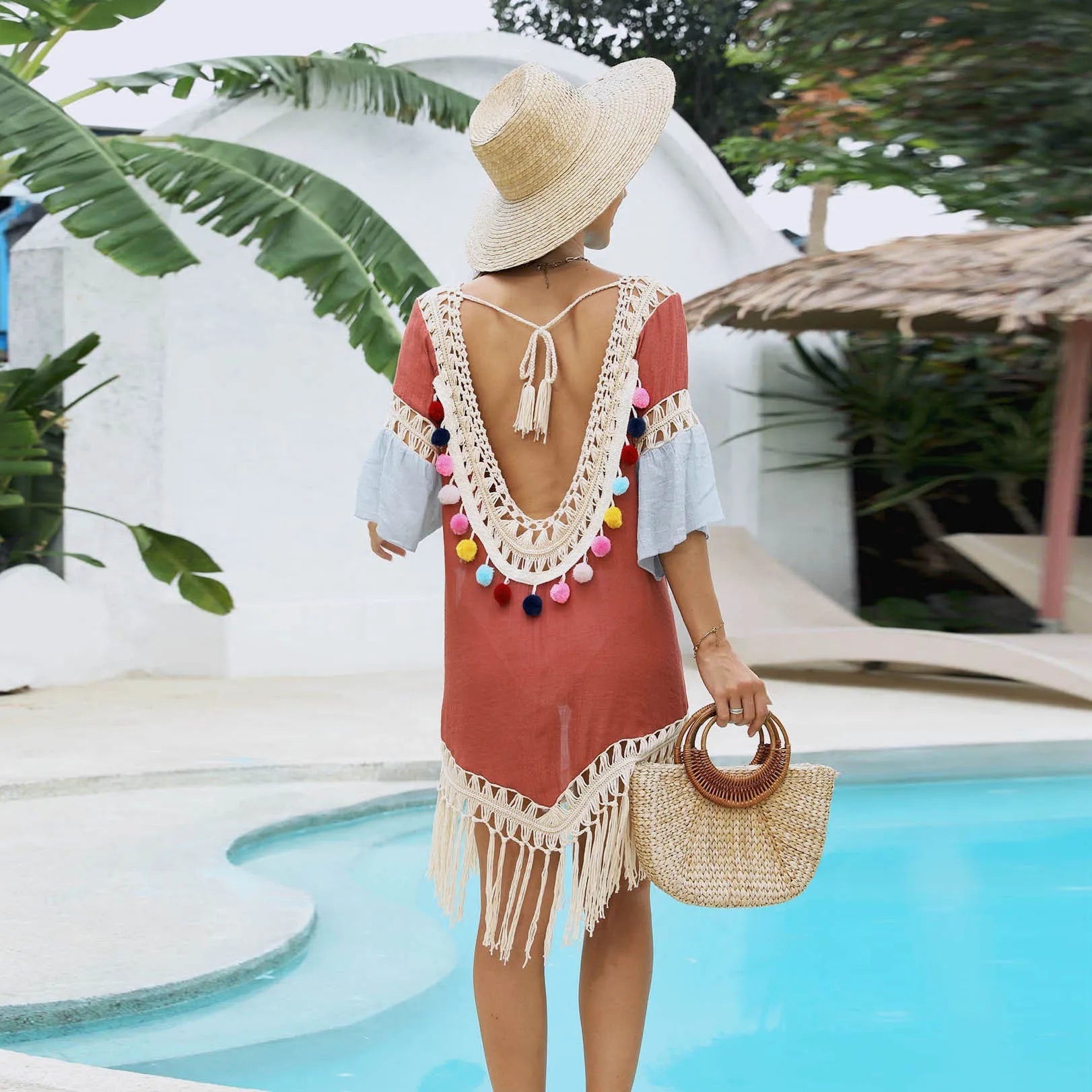 Orange floral beach overskirt with hand crochet detail and tassels, free size design