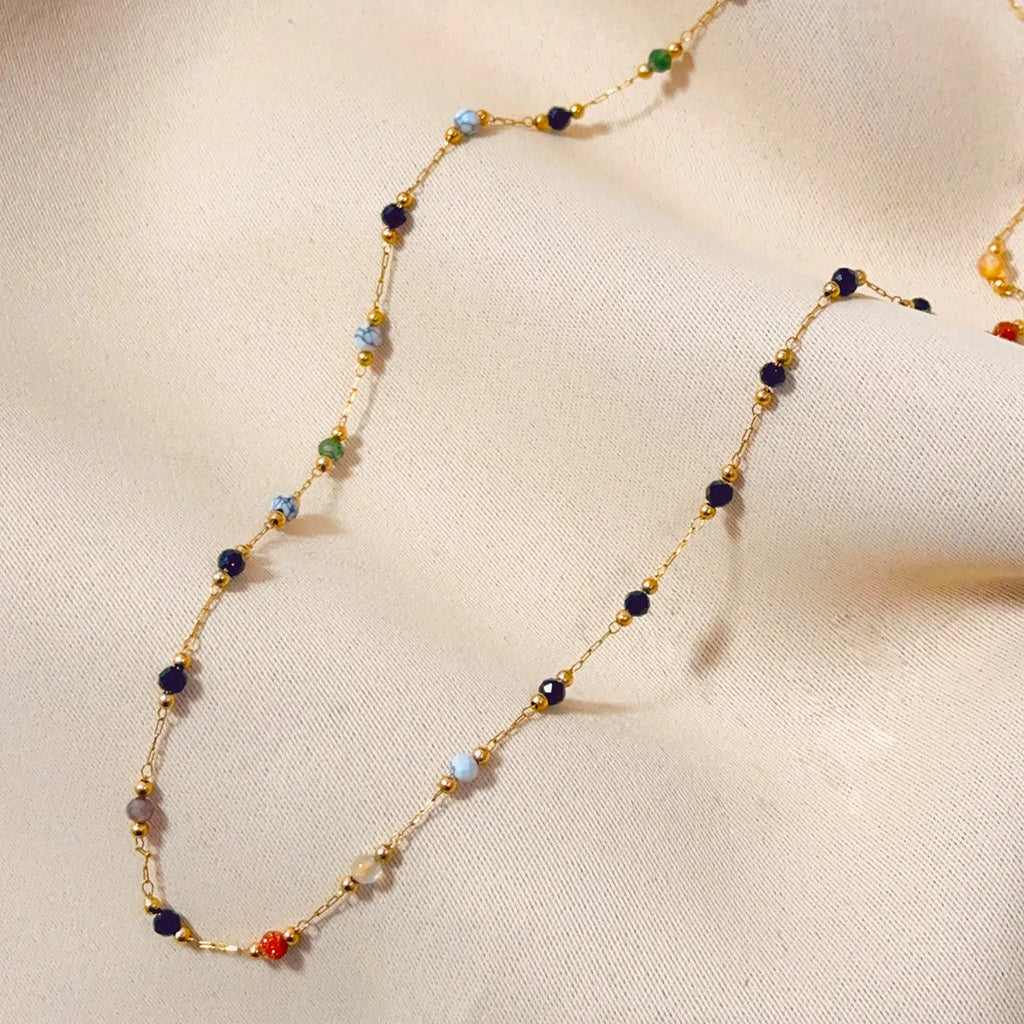 Gold titanium steel necklace with natural stone pendant on O-ring chain