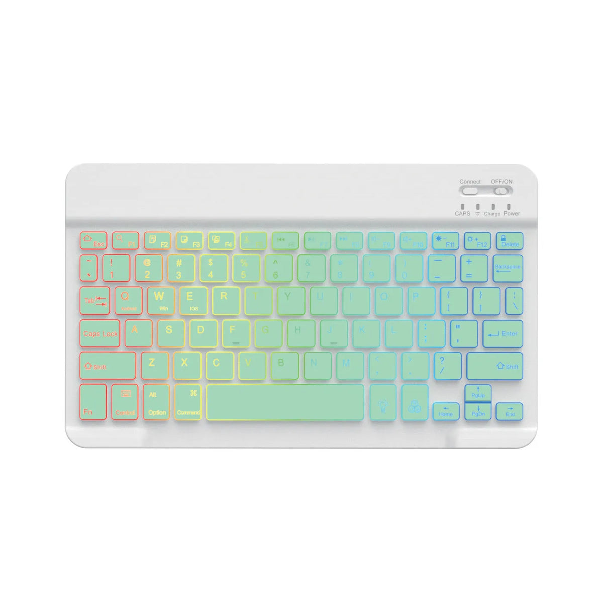 10-inch backlit Bluetooth wireless keyboard for tablets showing colourful LED lighting.