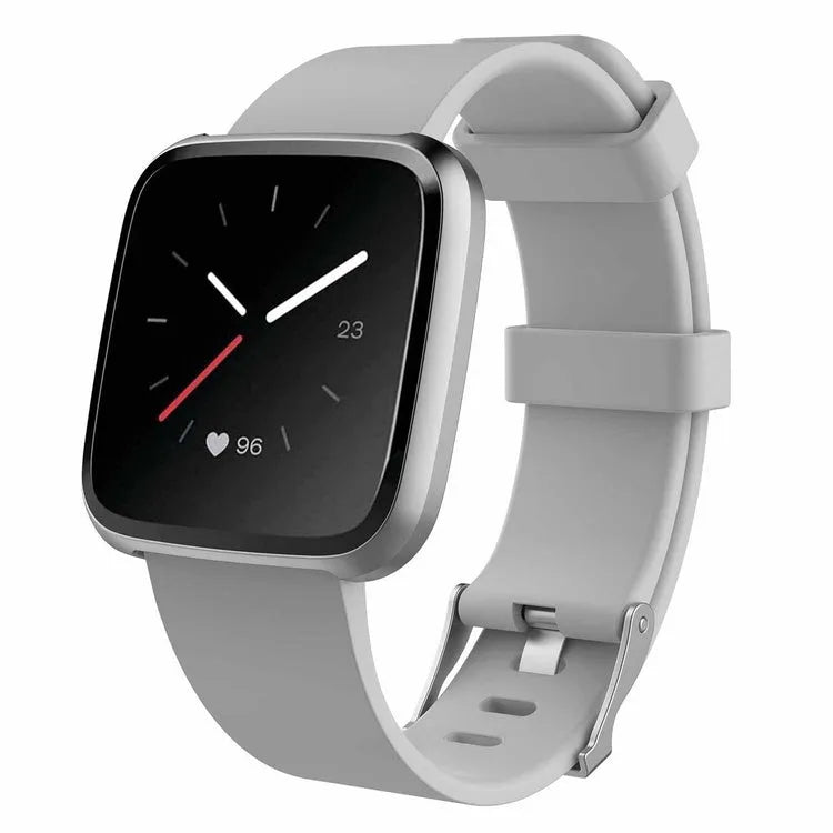 Fitbit Versa Lite replacement wrist strap showing colour options including black, blue, purple, red, and yellow
