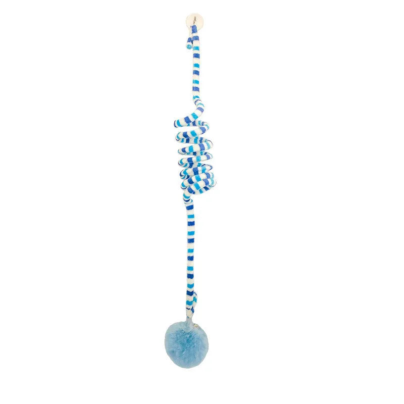 Hanging cat toy with inflatable ball on spring stick and suction cup base for kittens